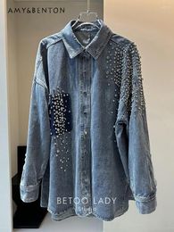 Women's Jackets Spring Casual Fashion All-Matching Contrast Colour Rhinestone Denim Coat Heavy Industry Temperament Leisure Mid-Length Coats