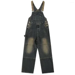 Men's Jeans Men Vintage Blue Denim Bib Overalls Loose Pockets Cargo Casual Suspenders Jumpsuits Retro Coveralls