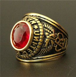 Fashion Golden Ring With Red Stone Steel Ring 316L Stainless Steel USA Style Eagle Biker Ring 240508