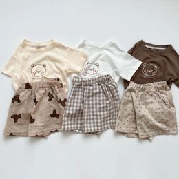 Clothing Sets Children's Cute Bear Cartoon Suit Summer Korean Baby Kids Cotton Thin Short-Sleeved T-Shirts Plaid Dot Shorts 2pcs