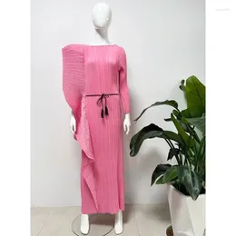 Casual Dresses Miyake Pleated Fall Women Elegant Evening Party Dress Lapel Long Sleeve Patchwork Vintage Design Loose Large Size