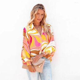 Women's Polos Long Sleeve Women Blouse Floral Polo Collar Button Shirt Town Down Neck Elegant Oversized Loose Tops Clothing