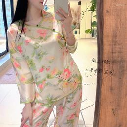 Home Clothing Plant And Flower Retro Chinese Style Ice Silk Pajamas For Women With A High-end Feel Button Up Spring Autumn Pullover