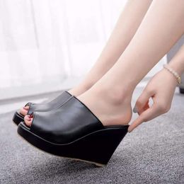 Slippers Summer New Female Peep Toe Platform Wedges Sandals Fashion High Heels Beach Slides For Women Shoes Black fdb4