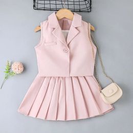 Baby Clothes Set 3-8 Years old Sleeveless Vest Coat and Short Pleated Skirt Outfit Toddler Infant Clothing Suit For Kids Girl 240518
