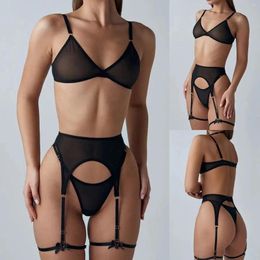Bras Sets Women Erotic Black Bra Panties With Garters Sexy Lingeries Mujer See Through Mesh Spicy Breathable Costumes