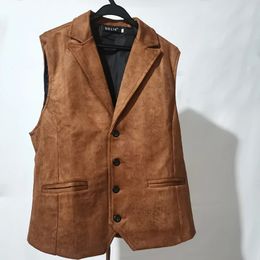 Vest Men Casual Waistcoat Man Faux leather fashion leather Slim vest lapel classical Vintage gilet European style male 240515