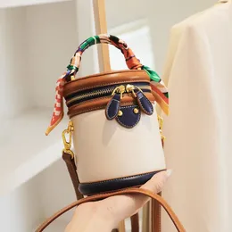 Waist Bags Colorblock Shoulder Cylinder Bucket Bag Scarf Decor Top Handle Stylish Crossbody Purse For Women