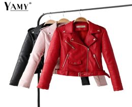 Red leather jacket women long sleeve zipper pink biker jacket modis black coat streetwear korean womens clothes fall 20194925201