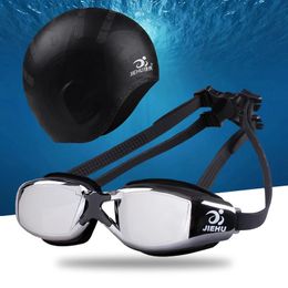 Adult -1.5~-8.0 Myopia electroplated swimming goggles anti fog diode swimming goggles with silicone cap diving goggles set 240430