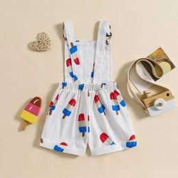 Jumpsuits Kids Clothes Boys Girls Summer Overalls Jumpsuit for Newborn Independence Day Popsicle Print Suspender Square Neck Denim Rompers Y240520H7ST