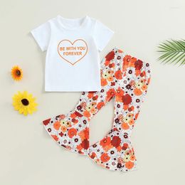 Clothing Sets Kids Clothes Girl Summer Outfits Letter Heart Print Crew Neck Short Sleeve T-Shirts Flower Flare Pants Set 2Pcs