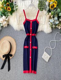 2021 New design women039s fashion sexy color block spaghetti strap single breasted knitted pencil tank dress3707893