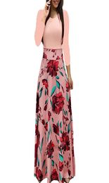 Summer Women Casual Bohemian Dresses Printed Splicing Floral Banquet Round Neck Long Sleeve Tight ALine Dress Plus Size6843080