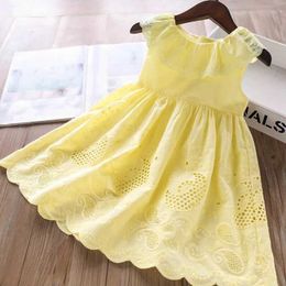 Girl's Dresses New Girl Dress Childrens Summer Cotton Embroidered Hollow Dress Baby Clothing Cute Ruffled Round Neck Tank Top d240520