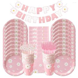 Party Decoration 96/97pcs Daisy Themed Pink Disposable Tableware Paper Plate Napkin Banner For Birthday Baby Show Wedding