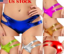 Women Shiny Metallic Hollow Out Briefs PU Leather Shorts Underwear Lady Rave Dance Clubwear Pole Dancing Panties Women039s4504442