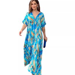 2024 Summer New High Waist Fashion Printing Commuting Elegant Short Sleeve and Long Pattern Dress Female Dress