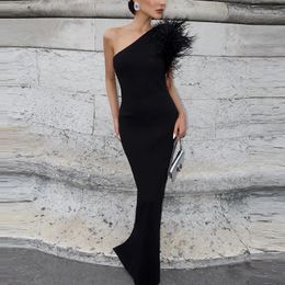 Casual Dresses Fashion Black Feather Bandage Dress Sexy Elegant One Shoulder Evening Party Maxi