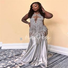 Silver Prom Dresses 2024 For Black Girls Diamond Aso Ebi African Mermaid Luxury Beaded Tassel Evening Dress Birthday Party Formal Dress Vestios De Fiesta Plus Size