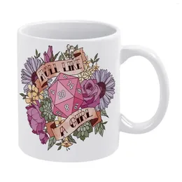 Mugs Roll Like A Girl White Mug Custom Printed Funny Tea Cup Gift Personalised Coffee Dungeons And D Gamer Tabletop Gaming