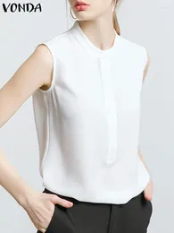 Women's Blouses Summer Women Blouse 2024 VONDA Fashion Sleeveless Solid Colour Casual Elegant Tops O Neck Buttons Office Shirt Loose Blusas