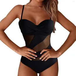 Women's Swimwear Transparent Mesh Patchwork One Piece Swimsuit Women Sexy Backless Bandage Pieces Bikini 2024 Black Swim Suit