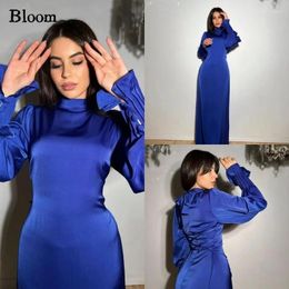 Party Dresses Bloom High Collar Royal Blue Prom Long Sleeve Lace-up Simple Formal Evening Wedding Dress Vestidos De Gala