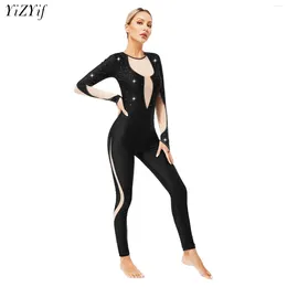 Stage Wear Glittery Ballet Unitards Dance Costume For Adult Long Sleeve Bodysuit Figure Skating Gymnastic One Piece Full Body Jumpsuit