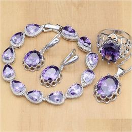 Charm Bracelets Natural Sier Jewellery Sets Purple Cubic Zirconia Stone For Women Earrings/Pendant/Necklace/Open Rings/Bracelet Drop De Dhxpd