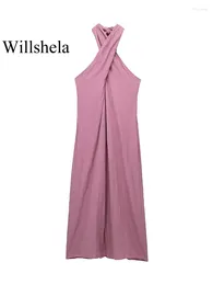 Casual Dresses Women Fashion Linen Purple Front Slit Backless Zipper Midi Dress Vintage Halter Neck Female Chic Lady