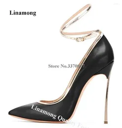 Dress Shoes Linamong Black Leather Metal Stiletto Heel Pumps Elegant Pointed Toe Gold Straps Thin Wedding Heels Big Szie