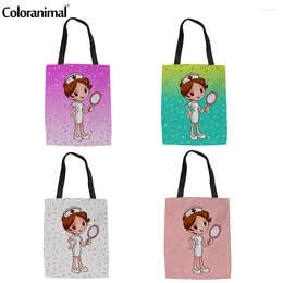 Shopping Bags Coloranimal Pretty Girls With Mirror Pattern Linen Tote Bag For Women Large Capacity Shopper Canvas Eco Bolsa 2024