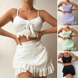 Women's Swimwear Sling Bra Solid Colour Briefs Cover Up Skirt Set Fashionable Women Three-piece Bikini With For Beachwear