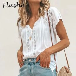 Women Shirt Blouses V Neck Short Sleeve Lace Shirts For Casual TShirts White Loose Tee Tops 240520