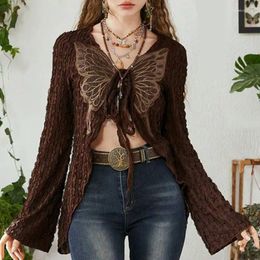 Women's T Shirts American Spicy Girl Brown Butterfly Tie Women Top V-neck Outwear Versatile Millennium Flare Sleeve Slim Retro T-shirt For