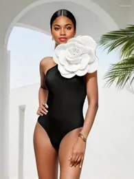 Women's Swimwear 2024 Sexy 3D Big Flower One Piece Swimsuit Women Push Up Monokini Black Shoulder Bathing Suit Summer Beach Wear