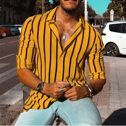 Mens Shirt Button Up Shirt 6XL Summer Shirt Yellow Long Sleeve Striped Lapel Resort Shirt Fashionable Casual Comfortable 240517