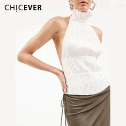 Women's Tanks CHICEVER Backless Folds Vest For Women Stand Collar Sleeveless Off Shoulder Patchwork Lace Up Solid Slim Summer Tops Female
