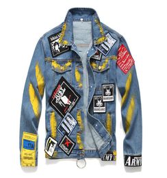 Mens Designer Denim Jackets Punk Rings Badges Painted Denim Jackets Hip Hop Jeans Coat Male Tops3855433