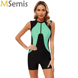 Women's Swimwear Womens Contrast Tank Swimsuit Front Zip Sleeveless Boyshorts One Piece Bathing Suit Breathable Bodysuit Sportswear