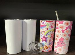 20oz Sublimation Skinny Tumblers Straight Blanks Stainless Steel Coffee Mugs With Lid and Plastic Straw Sippy Cups LXL142418957310