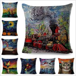 Pillow Cartoon Oil Painting Train Cover Decor Animal Case Polyester Pillowcase For Sofa Home Car Children Room 45 45cm