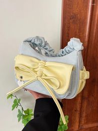 Hobo Korean Fashion Pleated Bow Women Bag 2024 Summer Simple All-Match Zipper Shoulder Bags Lady Denim Small Handbag