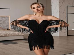 Tassel Dress Women Sexy Summer Off Shoulder Beach Strap Low Cut Black White Short Party Dresses For Sexy Lady8685182
