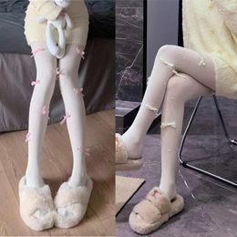 Women Socks Sweet Bowknot False Pearl Slimming Stockings Pantyhose Winter Fall Velvets Ribbed Tights Bottoming Leggings