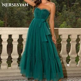 Party Dresses Nersesyan Sexy Green Belted Sleevelesss Tulle Ruffles A Line Draped Evening Gowns Ankle-Length Pleats Prom Gown