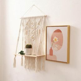 Decorative Plates Handwoven Macrame Tapestry Storage Rack Wall Hanging Shelf Wooden Shelves Decor DXAF