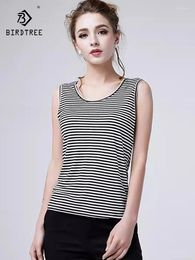 Women's Tanks BirdTree Real Silk Elegant T-shirt Sleeveless Striped Fashion Slim Versatile Bottom Tank Top 2024 Summer T42217QC