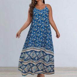 Casual Dresses V-neck Dress Bohemian Floral Print Maxi Stylish Women's Vacation Sundress With Sleeveless A-line Design Large Hem Flowy